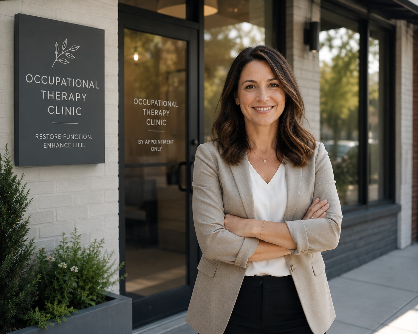 Woman clinic owner standing outside her clinic.